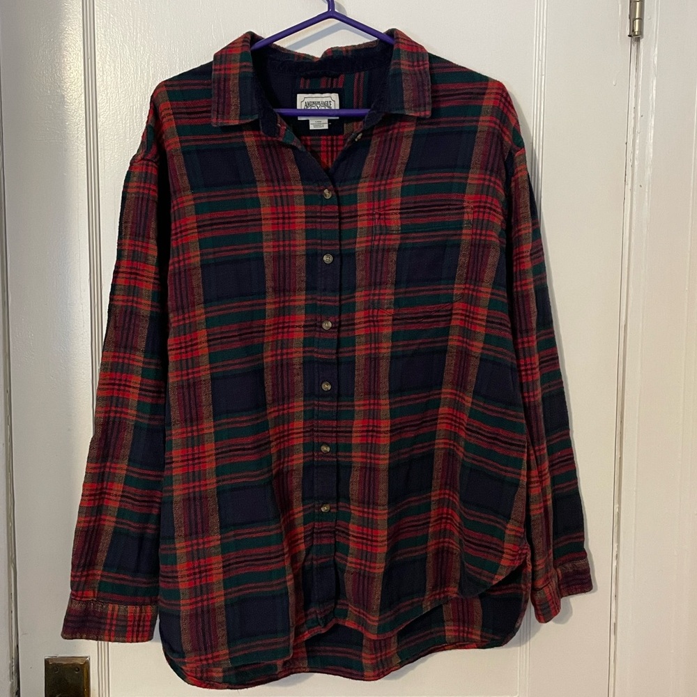 AE Oversized Flannel Shirt in red/nay plaid - Picture 2 of 6